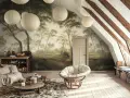 Sypialnia w stylu boho z tapetą imitującą las w odcieniach **kolorów ziemi**. Wygodna sofa, wiklinowy fotel i drewniane meble tworzą przytulną atmosferę.