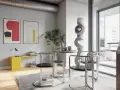 Nowoczesne wnętrze w stylu bauhaus: okrągły stolik z krzesłami, abstrakcyjne obrazy na ścianie i designerska rzeźba.