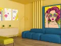 Salon w stylu pop art z kanapą i obrazem kobiety w okularach.