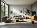 Nowoczesny salon z szarymi sofami, drewnianym stolikiem i dywanem. Inspiracja dla miłośników **upcyklingu** i ekologicznego designu.