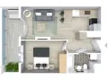 Nowoczesny projekt mieszkania: salon z sofą, kuchnia z wyspą, sypialnia z łóżkiem, łazienka z wanną i pralką, balkon z roślinami.