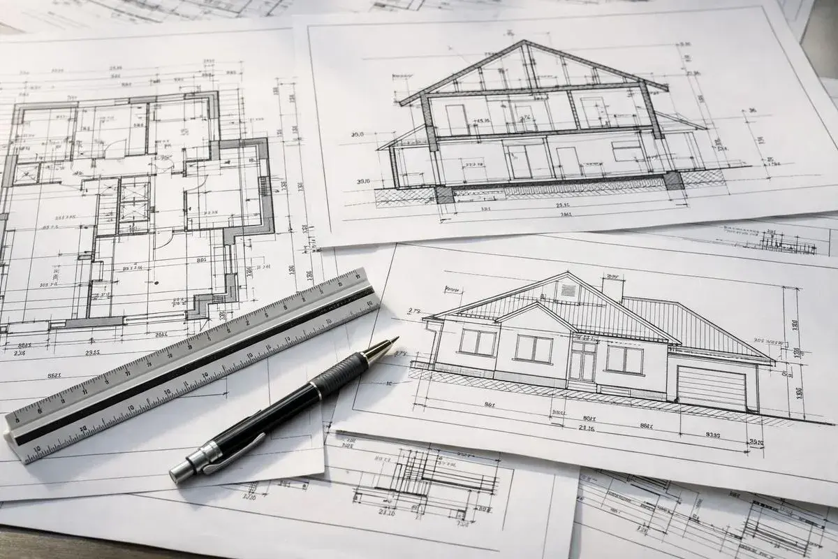 Plany architektoniczne domu, przekroje i rzuty. Linijka i długopis leżą na rysunkach, które określają nieprzekraczalna linia zabudowy.