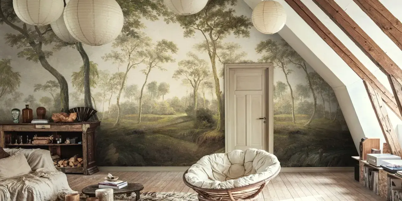Sypialnia w stylu boho z tapetą imitującą las w odcieniach **kolorów ziemi**. Wygodna sofa, wiklinowy fotel i drewniane meble tworzą przytulną atmosferę.