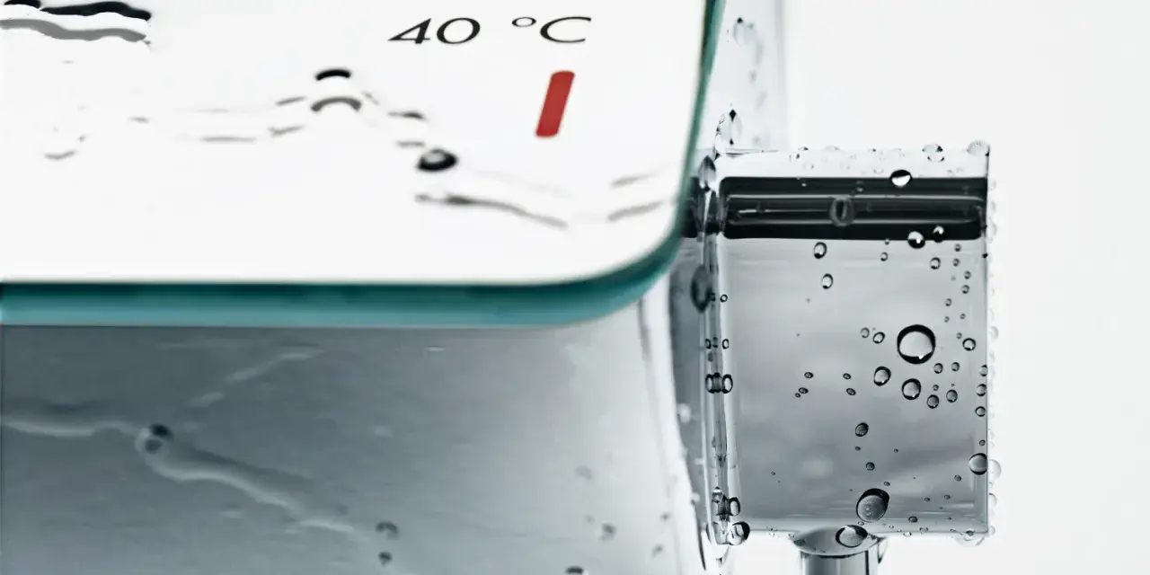 Termometr prysznicowy wskazuje 40°C. Woda spływa po chromowanym uchwycie, a niebieski wskaźnik podpowiada, z której strony ciepła woda.
