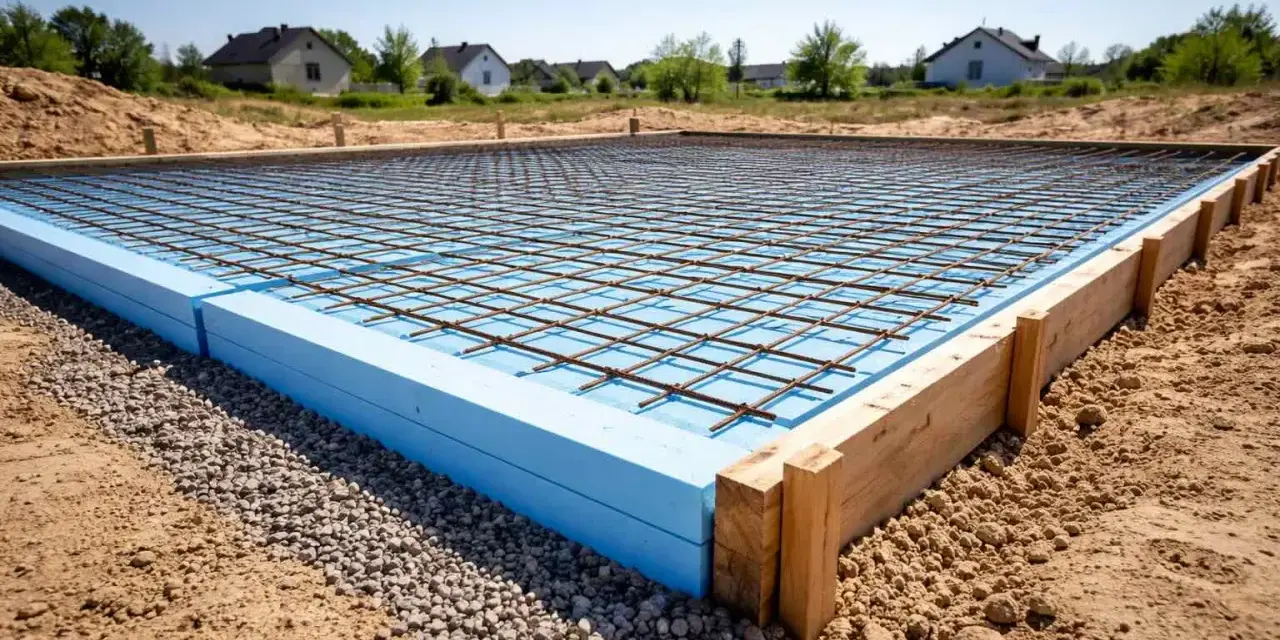 Fundament budowy z niebieskim polistyrenem ekstrudowanym, zbrojeniem i drewnianymi szalunkami, gotowy na beton.