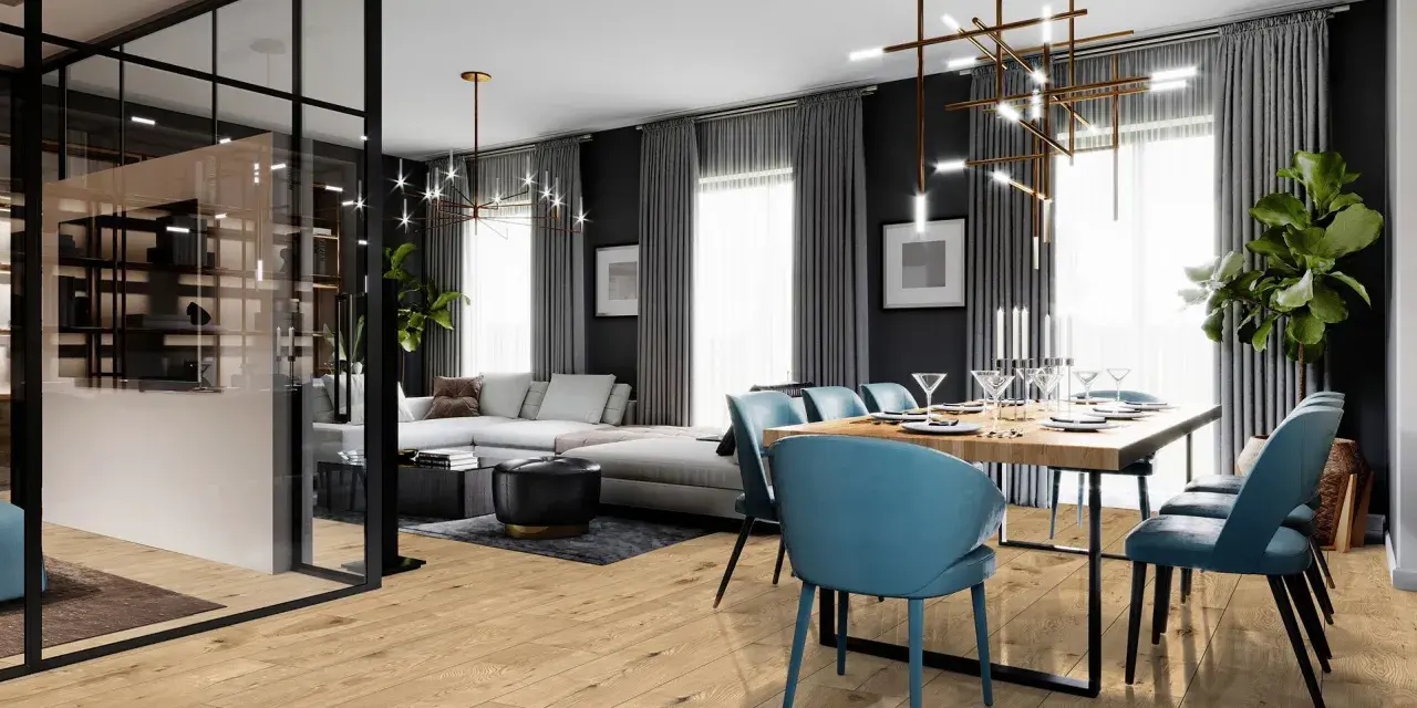 Nowoczesny salon z jadalnią, gdzie drewniana podłoga kronostep tworzy ciepłą bazę dla eleganckich mebli i designerskiego oświetlenia.
