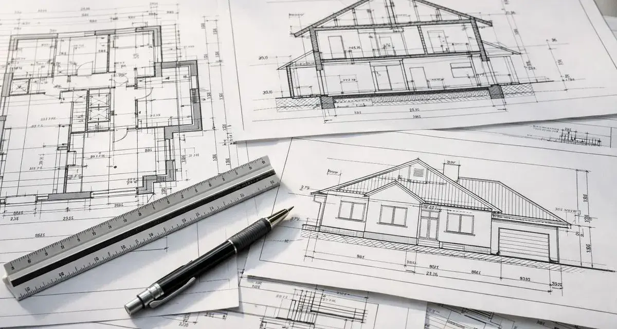 Plany architektoniczne domu, przekroje i rzuty. Linijka i długopis leżą na rysunkach, które określają nieprzekraczalna linia zabudowy.