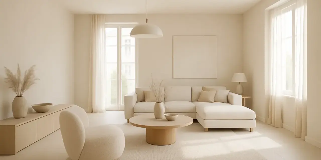 Jasny salon w odcieniach beżowego koloru. Duża, narożna sofa, okrągły stolik kawowy i wygodny fotel tworzą przytulną przestrzeń.