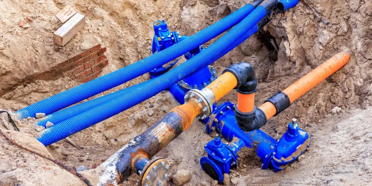 Instalacja gazowa w wykopie. Widoczne niebieskie rury osłonowe, pomarańczowe rury gazowe i niebieskie zawory. Koszt instalacji gazowej zależy od wielu czynników.
