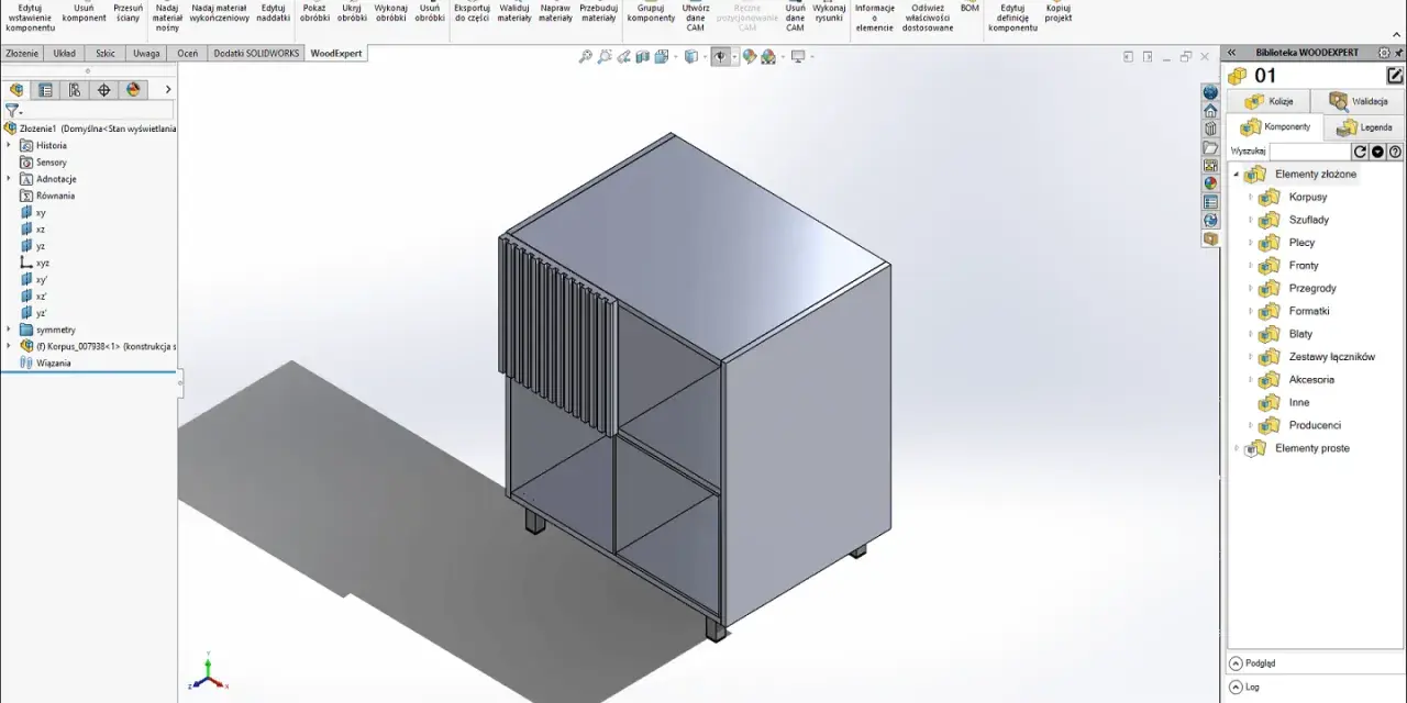 Program do projektowania mebli: wizualizacja szafki z półkami i ozdobnym frontem, stworzona w SolidWorks.