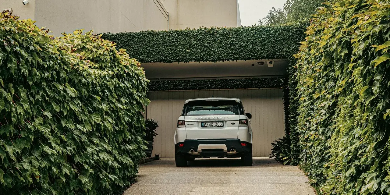 Biały Range Rover wjeżdża na podjazd otoczony bujną zielenią. Naturalna ściana z bluszczu to świetna alternatywa co zamiast kostki na podjazd.