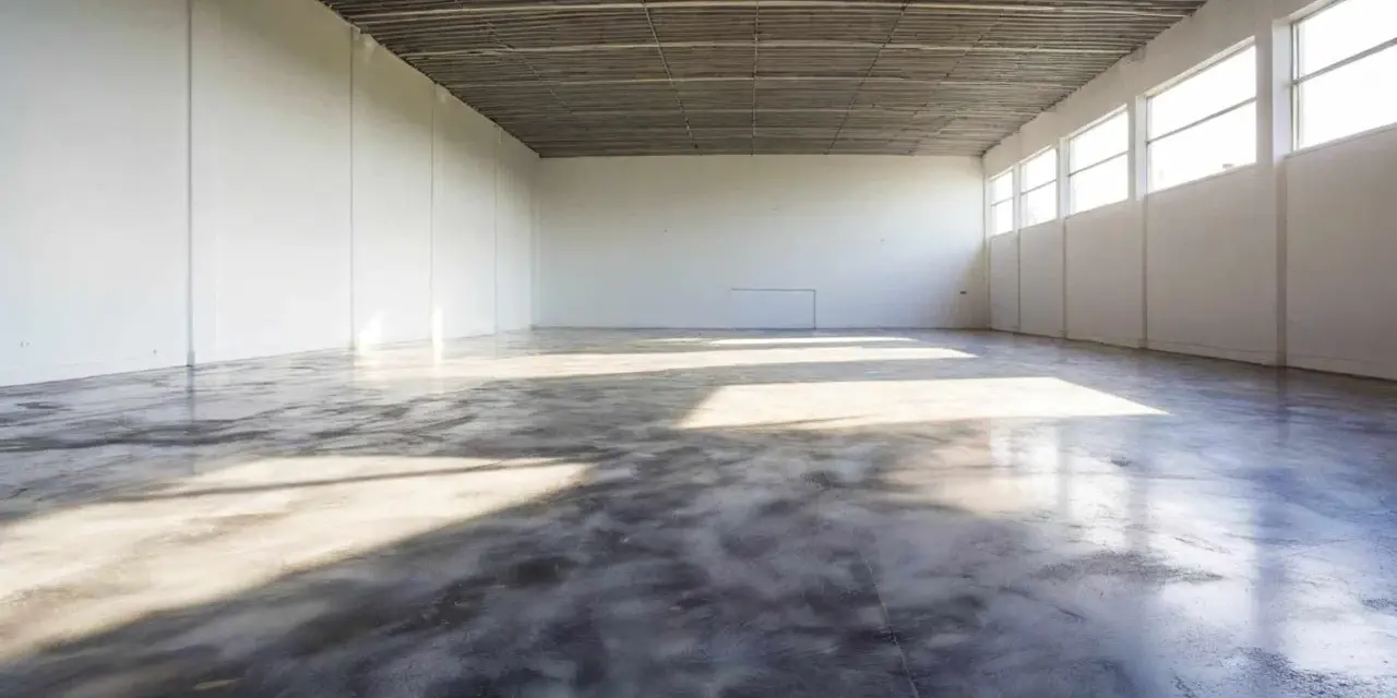 Pusta hala z betonową podłogą, która lśni jak polerowana żywica. Światło wpada przez wysokie okna, tworząc na niej refleksy.