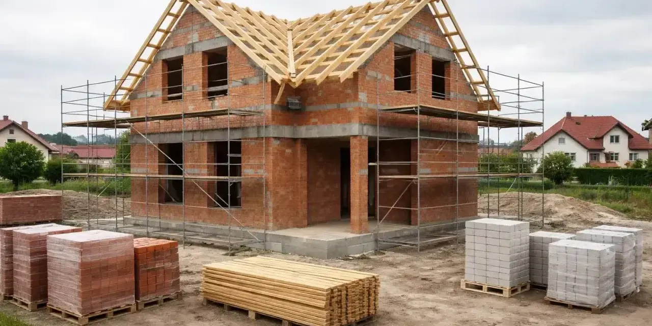 Budowa domu w toku, rusztowania, materiały budowlane. Zastanawiasz się, ile kosztuje projekt domu?