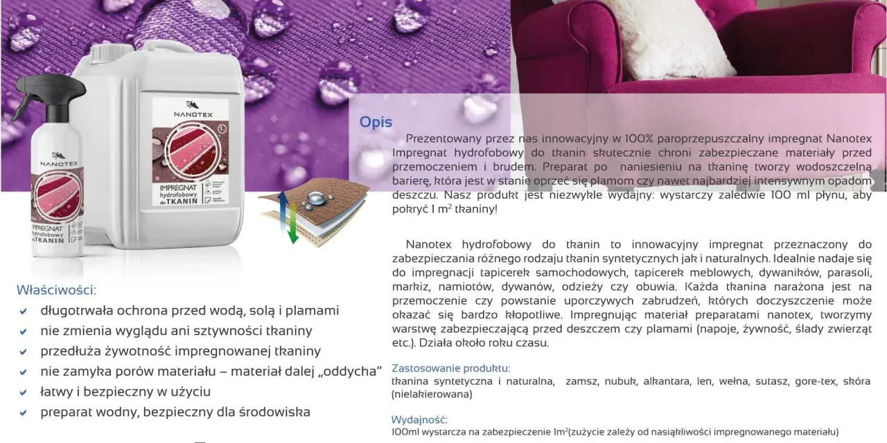 Impregnat hydrofobowy Nanotex chroni tkaniny przed wodą i plamami, tworząc niewidzialną barierę. Idealny do odzieży, mebli i namiotów.
