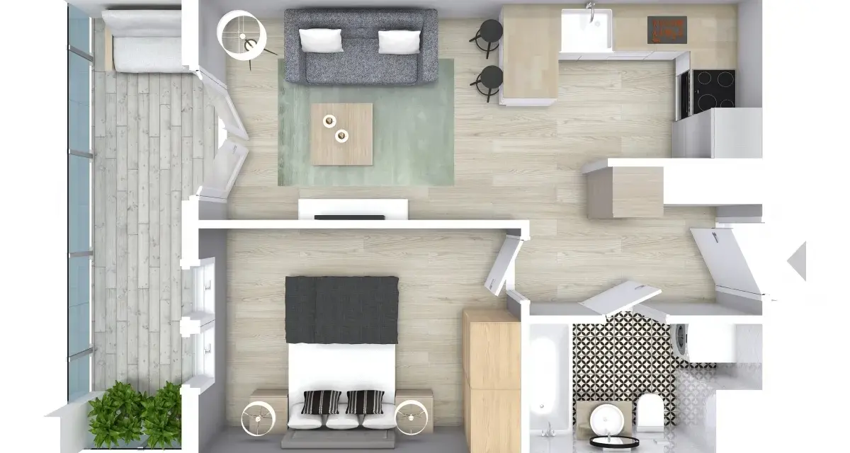 Nowoczesny projekt mieszkania: salon z sofą, kuchnia z wyspą, sypialnia z łóżkiem, łazienka z wanną i pralką, balkon z roślinami.