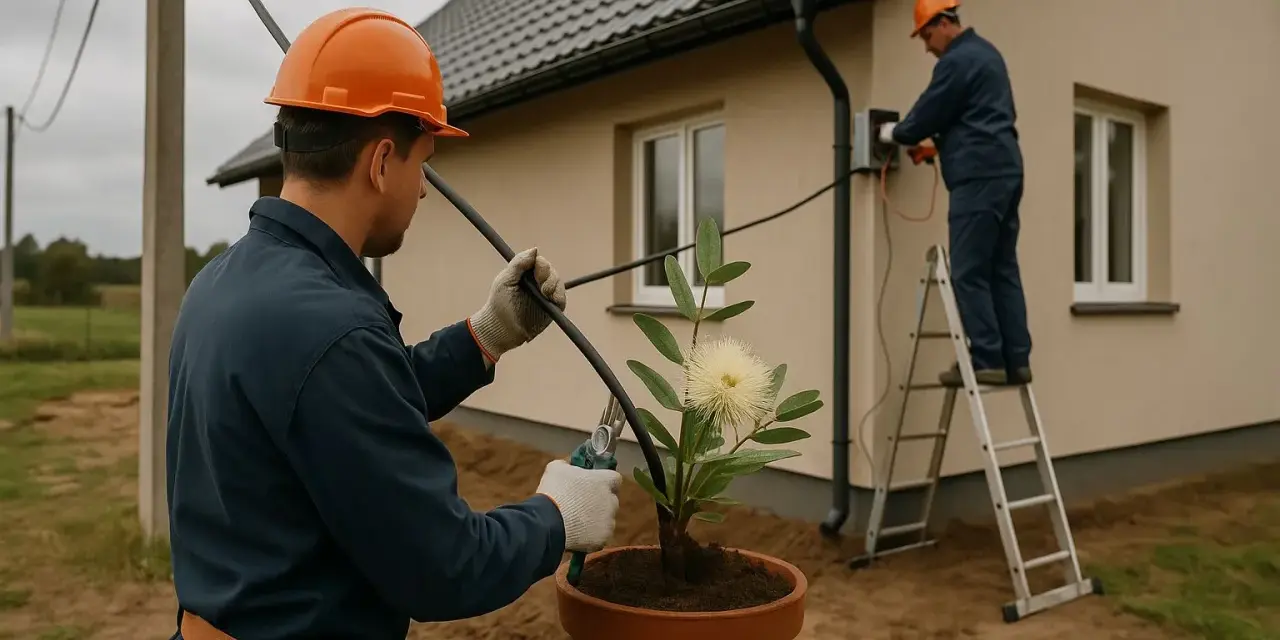 Pracownicy montują przyłącze prądu do domu. Dowiedz się, ile kosztuje przyłącze prądu.