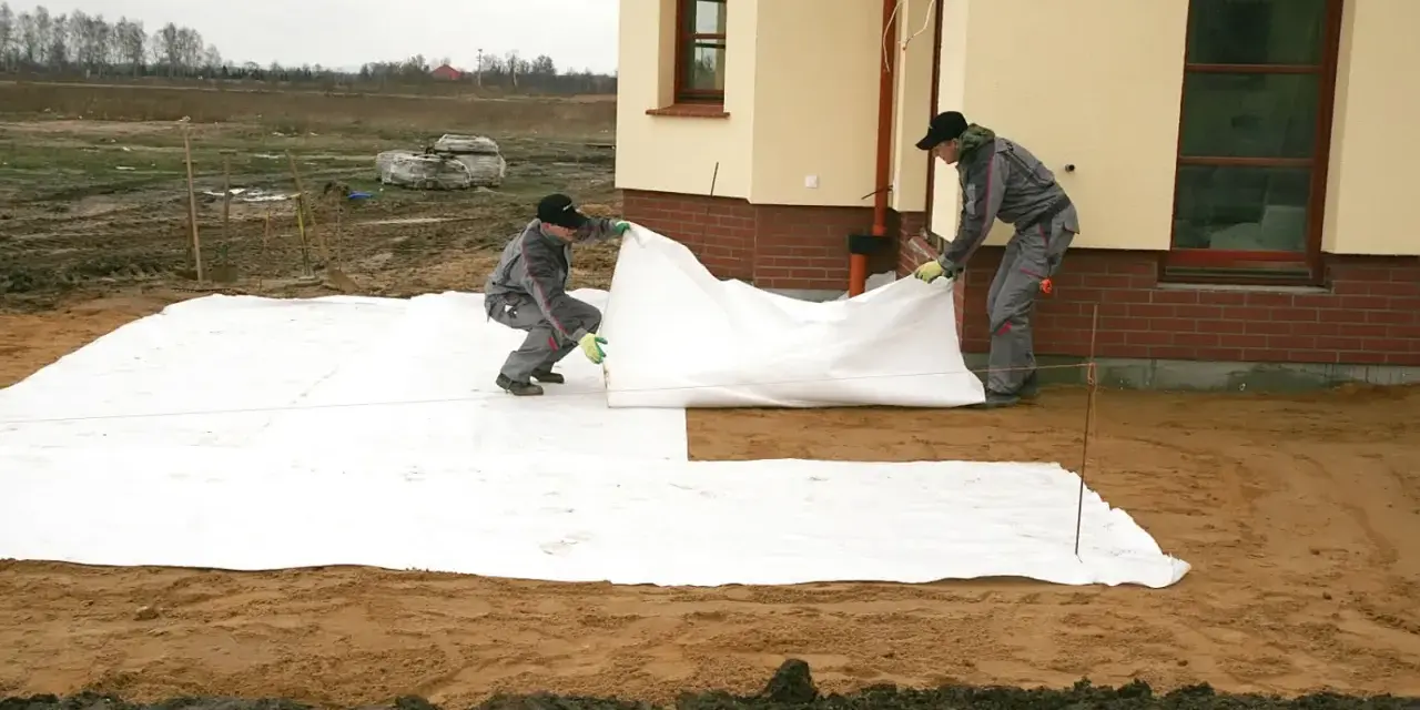 Dwóch robotników rozkłada białą geowłókninę, przygotowując tani taras na gruncie.