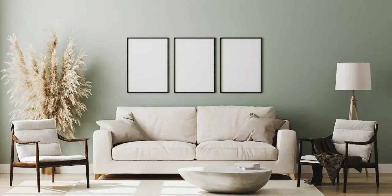 Miętowe ściany to idealny wybór, jeśli zastanawiasz się, jaki kolor ścian do białych mebli. Jasna sofa, fotele i dekoracje tworzą przytulną przestrzeń.