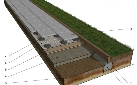 Przekrój tarasu betonowego z warstwami podbudowy, płytkami i trawą.
