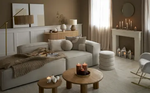 Przytulny salon w odcieniach sepia kolor. Miękki narożnik, drewniane stoliki, kominek z świecami i ciepły pled tworzą atmosferę relaksu.