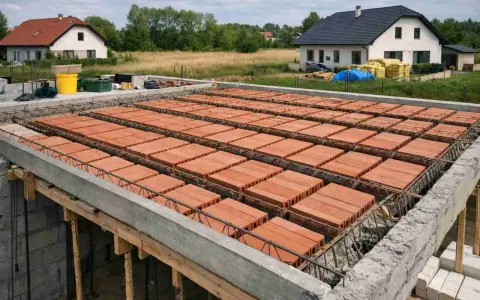 Budowa domu w toku. Widoczny strop gęstożebrowy z pustaków ceramicznych, przygotowany do zalania betonem.
