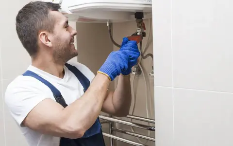 Instalator w niebieskich rękawiczkach dokręca zawór, pokazując, jak spuścić wodę z bojlera.