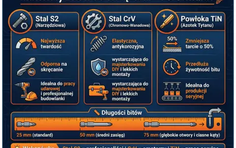 Porównanie materiałów bitów do wkrętarki: stal S2 (najwyższa twardość, odporna na skręcanie), stal CrV (elastyczna, antykorozyjna) i powłoka TiN (zmniejsza tarcie). Długości bitów: 25, 50, 75 mm.