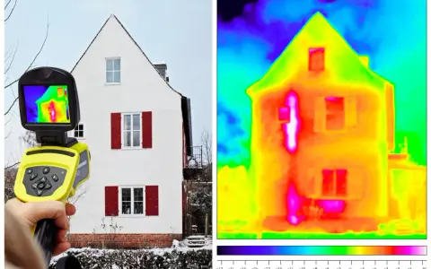 Kamera termowizyjna pokazuje dom, uwidaczniając **mostki termiczne** jako jasne, gorące plamy.
