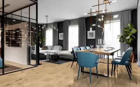 Nowoczesny salon z jadalnią, gdzie drewniana podłoga kronostep tworzy ciepłą bazę dla eleganckich mebli i designerskiego oświetlenia.