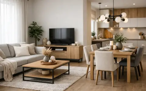 Nowoczesny salon z szarą kanapą i drewnianym stolikiem kawowym. Obok jadalnia z drewnianym stołem i krzesłami. Inspiracja, jak urządzić salon.