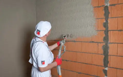 Pracownik nakłada tynk cementowo-wapienny na ścianę z pustaków ceramicznych. Sprawdź atrakcyjną tynki cementowo wapienne cenę!