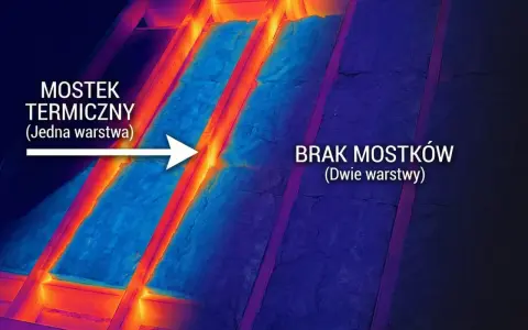 Termowizja poddasza: jedna warstwa wełny tworzy mostek termiczny, dwie warstwy go eliminują.