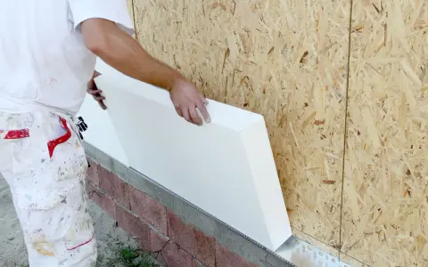 Budowlaniec montuje styropian, materiał o niskim przewodnictwie cieplnym, na ścianie z płyt OSB.