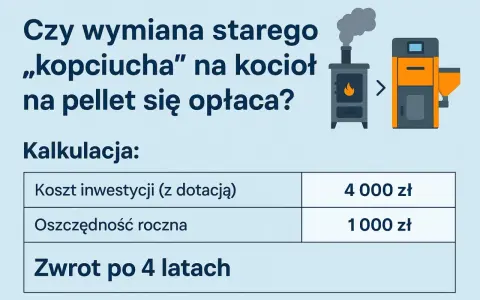 Kalkulacja: piec na pellet opinie. Koszt inwestycji 4000 zł, oszczędność roczna 1000 zł. Zwrot po 4 latach.