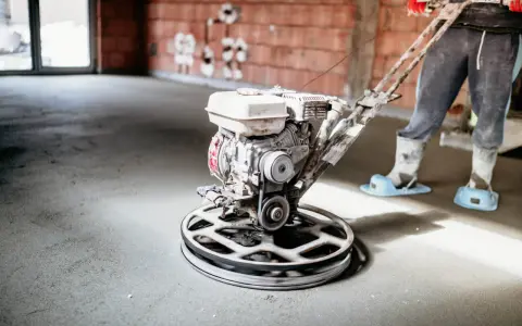 Pracownik wygładza posadzkę mechanicznie. Sprawdź, jaka jest styrobeton cena za m2 dla Twojego projektu.