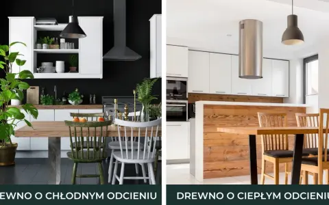 Dwie kuchnie z drewnianymi blatami. Po lewej ciemna ściana, po prawej jasna. Jaki kolor zlewu do drewnianego blatu?