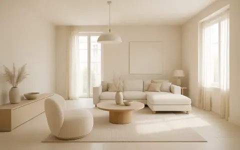 Jasny salon w odcieniach beżowego koloru. Duża, narożna sofa, okrągły stolik kawowy i wygodny fotel tworzą przytulną przestrzeń.