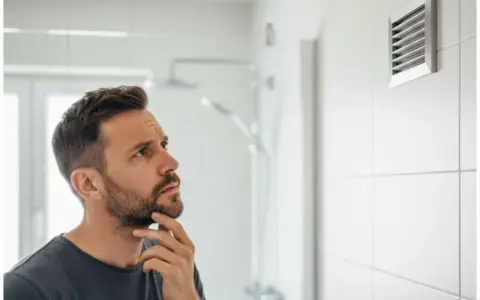 Mężczyzna zastanawia się nad działaniem wentylacji w łazience.
