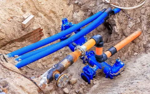 Instalacja gazowa w wykopie. Widoczne niebieskie rury osłonowe, pomarańczowe rury gazowe i niebieskie zawory. Koszt instalacji gazowej zależy od wielu czynników.