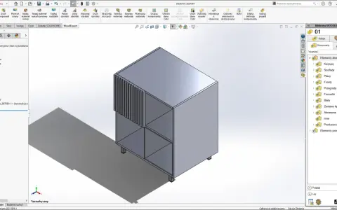 Program do projektowania mebli: wizualizacja szafki z półkami i ozdobnym frontem, stworzona w SolidWorks.