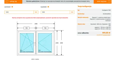 Schemat dwuskrzydłowego okna PCV z wymiarami 1500x1000 mm i ceną 644,03 zł.