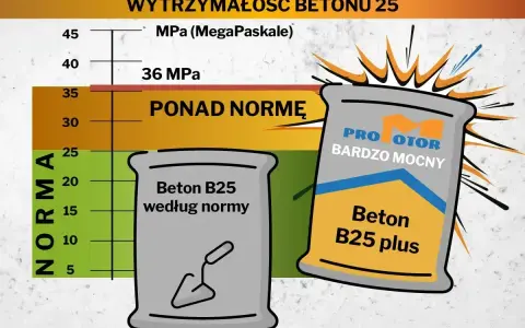 Dwie torby z betonem, jedna "według normy", druga "bardzo mocny", na tle wykresu wytrzymałości betonu.