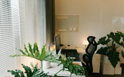 Nowoczesne domowe biuro z monitorem, laptopem i roślinami. Inspiracja, jak urządzić domowe biuro, by było funkcjonalne i estetyczne.