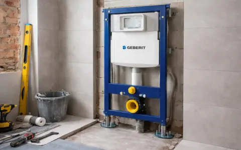 Montaż geberitu cena: stelaż podtynkowy Geberit w trakcie instalacji, narzędzia budowlane i wiadro.