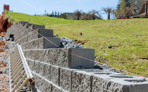 Budowa taniego murku oporowego z bloczków betonowych. Widać drabinę i różową nić traserską.