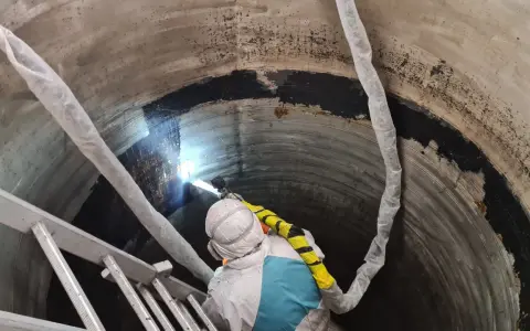 Pracownik w kombinezonie ochronnym wykonuje czyszczenie suchym lodem wnętrza betonowego zbiornika.