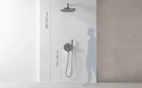 Wysokość baterii prysznicowej: deszczownica 200-220 cm, panel sterujący 110-130 cm. Idealne dopasowanie do wzrostu.