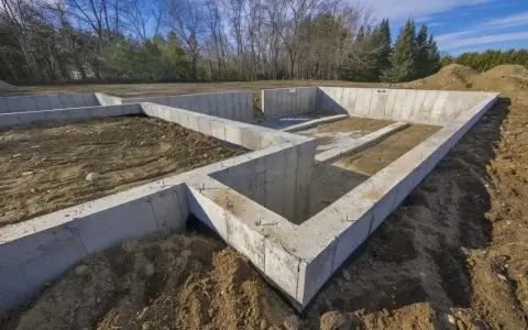 Fundament domu w budowie, pokazujący różne rodzaje betonu użyte do stworzenia solidnych fundamentów.