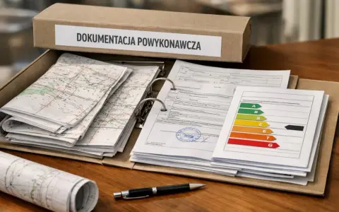Teczka z napisem "Dokumentacja powykonawcza" zawiera mapy, dokumenty i wykres klasyfikacji energetycznej.