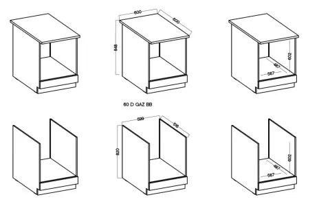Wymiary szafki pod piekarnik: 600x848 mm (góra) i 599x820 mm (dół). Wymiary wewnętrzne 487x567 mm.